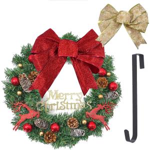 Christmas Door Wreath, Wreaths for Christmas Decor, Holiday Wreath Flocked with Pine Cones, Ball Ornaments and 2 Bows, Indoor Outdoor Decorations, Beautiful on Wall, Window, and Mantel, 18 inches
