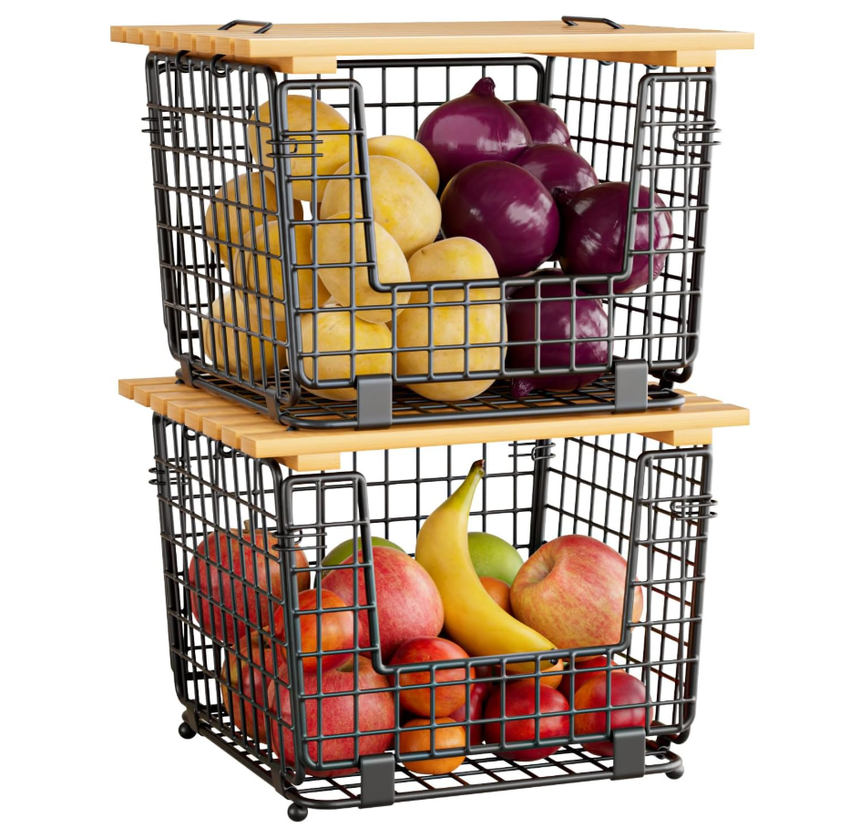Wire Storage Basket for Kitchen Pantry: GGIU Stackable Kitchen Counter Organizers  Wire Organizing Bin for Produce Vegetable Potato and Onion Black