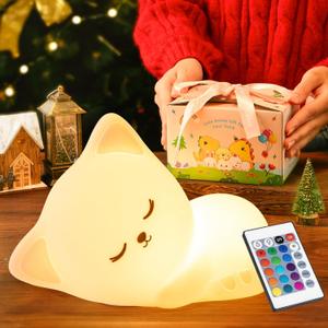 REMOTE + GIFTS PACKAGECat Night Light for Kids, Cute Room Decor for Teen Girls Gifts,16 Color 5 Brightness Dimmable Night Lights,1800mAh Rechargeable Silicone Night Light,Remote+Timer Nursery Lamp