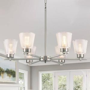 28" Brushed Nickel Chandeliers 6-Light Dining Room Lights Silver Modern Farmhouse Pendant Lighting Over Table Hanging Ceiling Light Fixtures with Crystal Glass Shades for Kitchen Island, Living Room