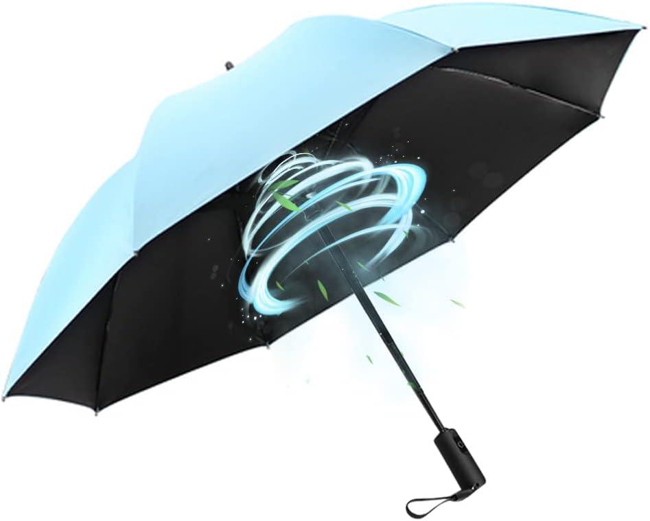 WOOLALA UV Sun & Rain Umbrella with Built-in Cooling Fan, Portable Foldable Design, UPF 50+ Protection, USB Rechargeable for Sports Games, Theme Parks on Hot Days (Blue Outside)