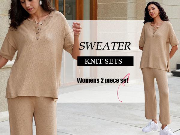 Ekouaer Lounge Sets for Women 2 Piece Pullover Sweater Set Knit Tops Wide Leg Pants Sweatsuits Casual Travel Outfits, Small