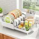 SAYZH Dish Drying Rack - Expandable Dish Rack for Kitchen Counter, Rust-Resistant Dish Drainer with Utensil Holder and Raised Guardrail, Kitchen Organizer for Cup and Bottle (White)