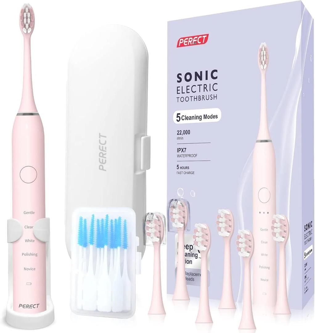 PERECT Ultrasonic Electric Toothbrush with 6 Brush Heads, 5 Modes Electric Toothbrush, Travel Rechargeable Power Toothbrush for Adults with Smart Timer &Travel Case & Soft Picks, IPX7 Waterproof, Pink