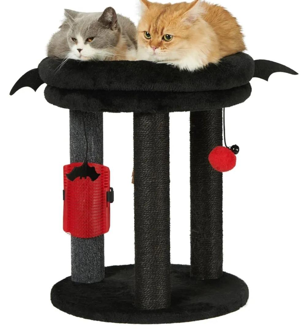 MECOOL 4in1 Small Cat Tree,Scratching Post with Tower Soft Bed, Sisal Carpet Jute Posts with Three Hanging Ball Toys and Massage Brush for Indoor Cats and Kittens, Black