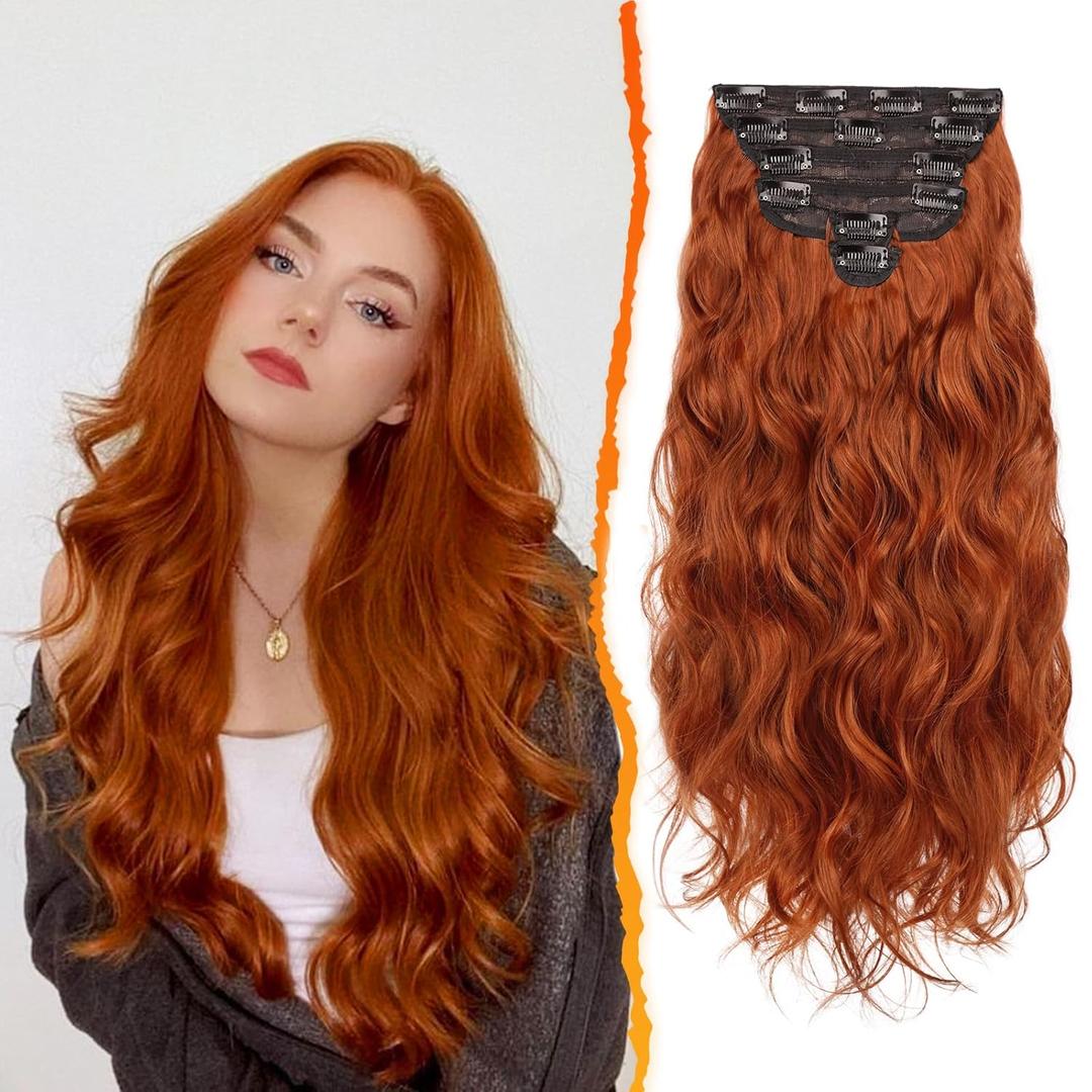 BARSDAR Copper Red Hair Extensions - 20 Inch Wavy Clip in for Women - 6PCs Full Head Thick Soft Synthetic Hairpieces for Daily Party Halloween