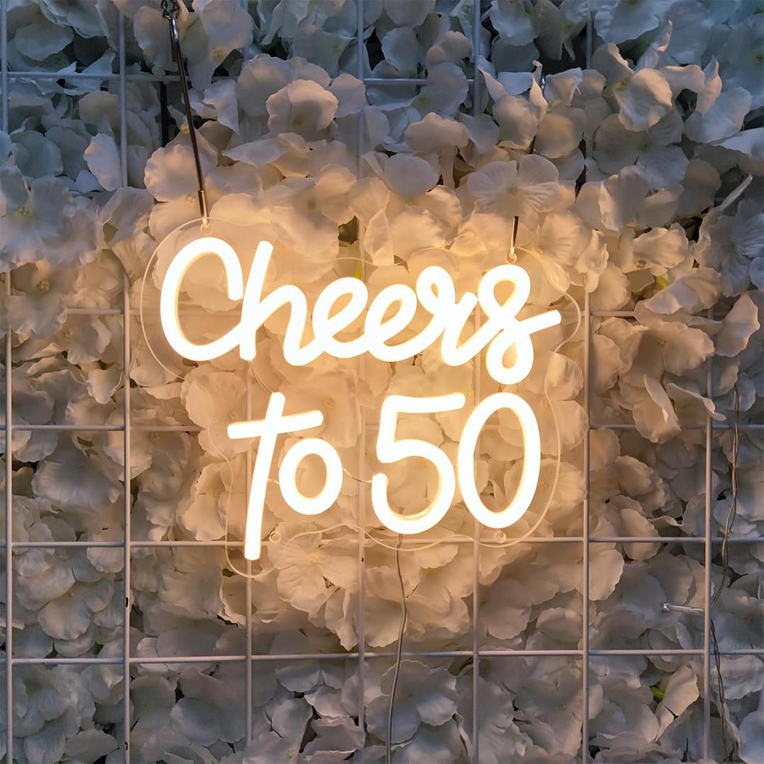 Cheers to 50 Years Neon Sign 50th Anniversary Decorations, LED Lights Sign 50th Birthday Decorations for Living Room Bedroom Bar Birthday Wedding Party Decor, 9.4" x 7.9"