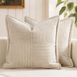 MIULEE Decorative Throw Pillow Covers for Couch Bed Livingroom 18x18 Inch Set of 2 Beige Boho Accent Throw Pllows Broadside Striped Patchwork Soft Corduroy Pillowcases, 18" x 18" (Pack of 2), Beige