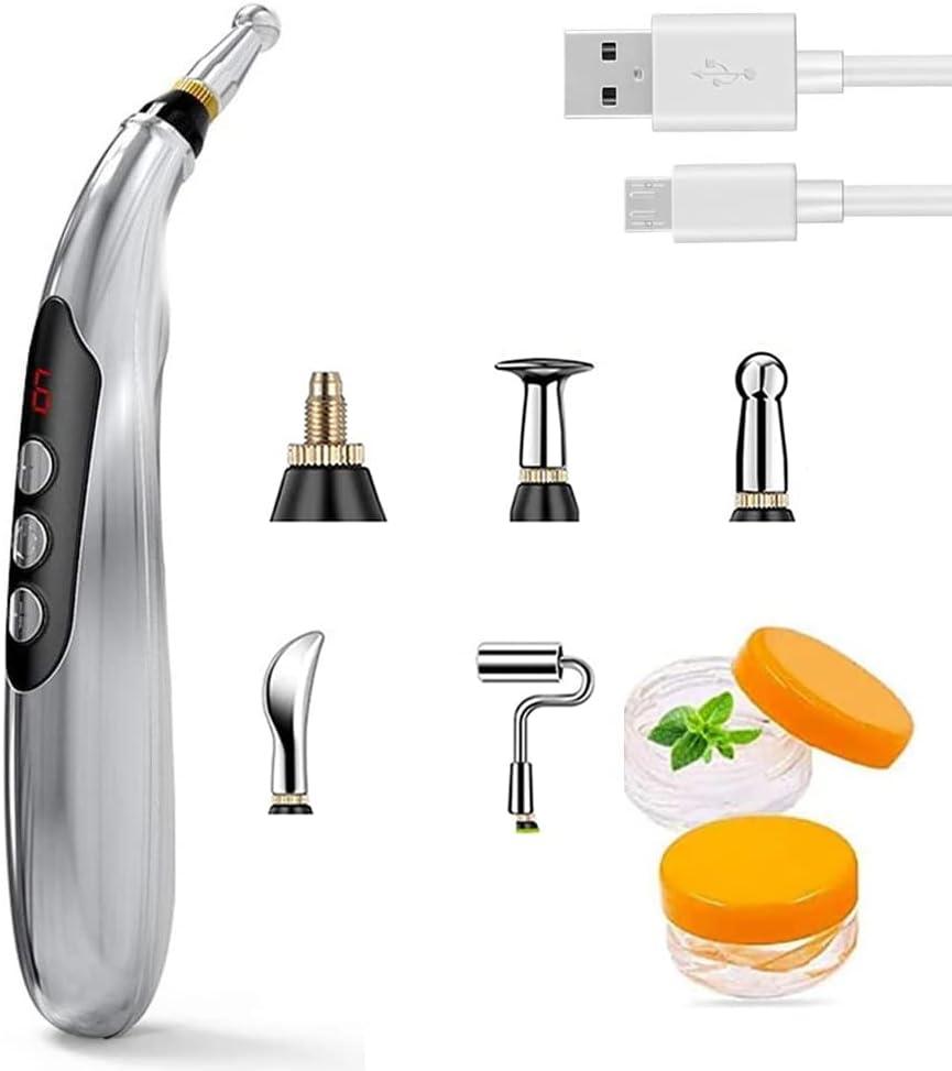 Acupuncture Pen, 5-in-1 Powerful Meridian Energy Pen for Pain Relief with 3 Massage Heads USB Rechargeable (Includes Massaging Gel)