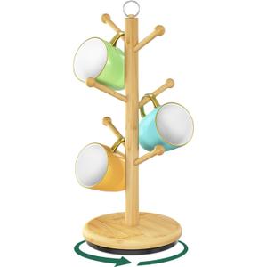 EsLuker.ly Mug Holder Tree Bamboo 360 Rotating Coffee Cup Display Rack with 6 Hooks for Home Kitchen Counter, Upgrade Wood Mug Stand Station Organizer, Building Your Dream Coffee Corner