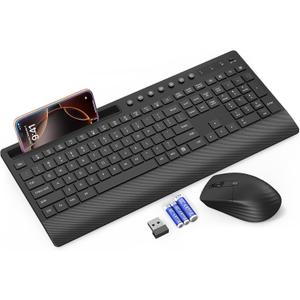 Trueque Wireless Keyboard and Mouse Combo - Full-Size Quiet Keyboard with Palm Rest, Phone Holder, Multimedia Keys, Power Switch, Compatible with Windows, Chrome OS, PC, Laptop (Batteries Included) (Black)
