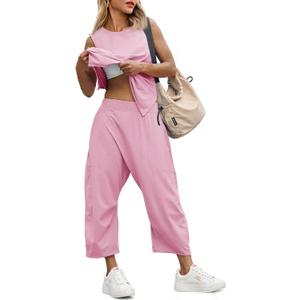 Fisoew Women's Summer 2 Piece Outfits Sleeveless Tank Tops Wide Leg Pocketed Pants Workout Sweat Sets (Pink) L