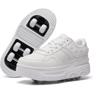 Roller Skate Shoes 6 Wheels for Boy Girls Kids Detachable Sneaker Beginner Skating Shoes (5 Big Kid, White)