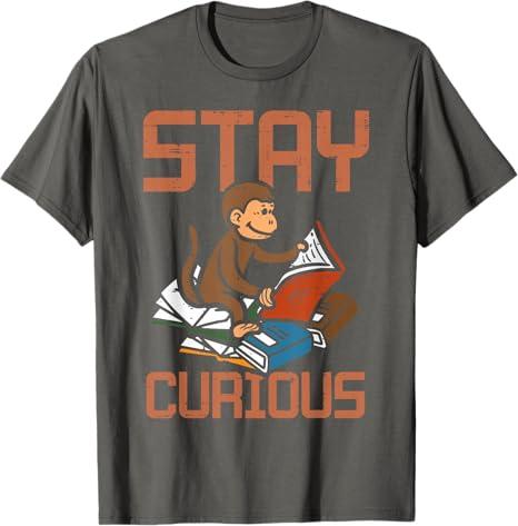 Stay Curious Monkey Reading Funny Book Lover Bookworm Kids T-Shirt Size S