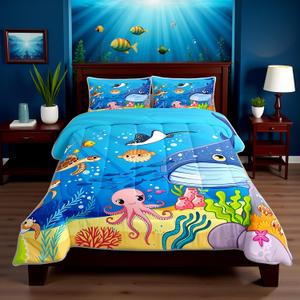 Marine Animals Comforter Set Twin,Shark Octopus Turtle Coral Bedding Set,Underwater World Cartoon Quilt Set 2Pcs for Kids Teens Adults Room Decor,Sea Blue Duvet Insert with 1 Pillowcase