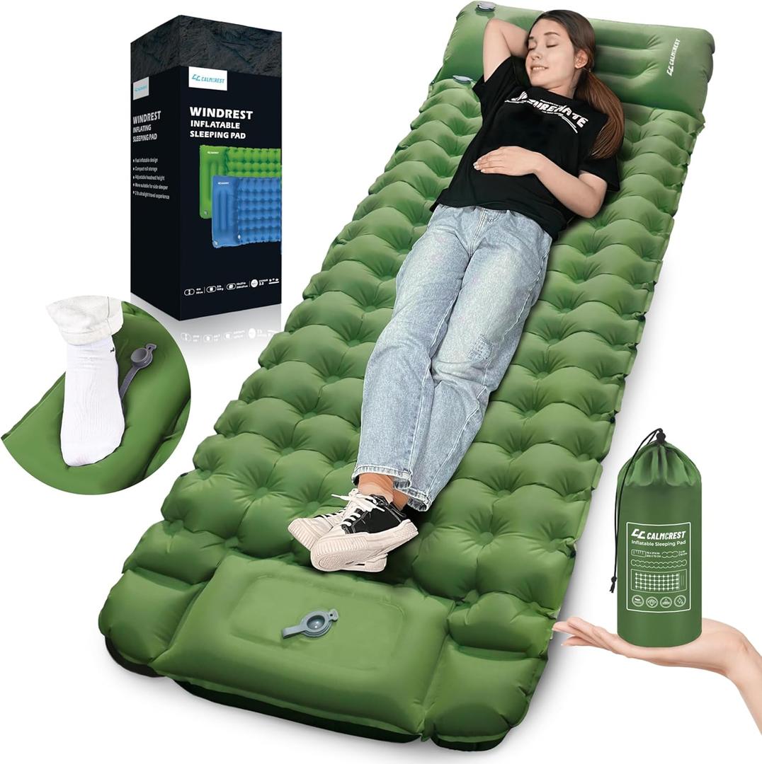 Sleeping Pad for Camping, 4in Thickness Inflatable Sleeping Mat with Adjustable Pillow & Built-in Foot Pump,Lightweight Camping Air Mattress with Waterproof Nylon for Hiking,Traveling-Green (Twin)