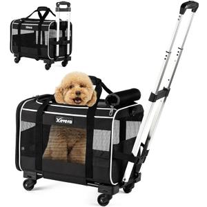Cat Dog Carrier with Wheels Rolling Pet Carrier with Telescopic Handle, Shoulder Strap and Pet Bowl, Black