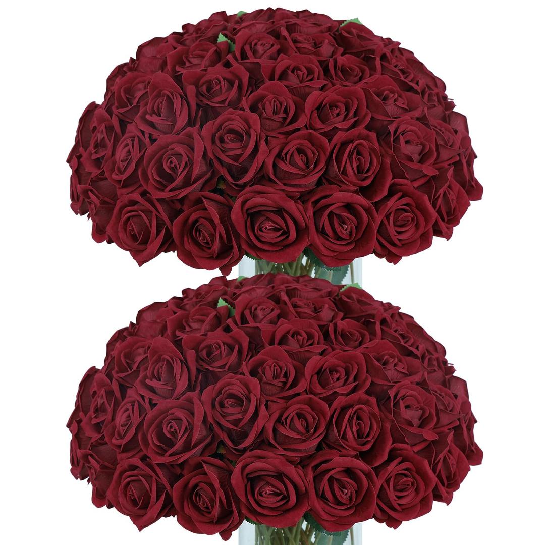 Coferset 50pcs Burgundy Artificial Roses Flowers in Bulk,Velvet Fake Rose with Long Stem Realistic Artificial Roses for Wedding Bouquets, DIY Centerpieces, Romantic Home & Party Decorations