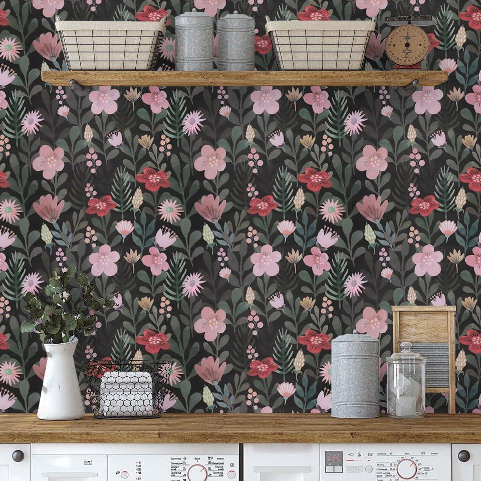 Abyssaly Peel and Stick Wallpaper Vintage Wallpaper Floral Contact Paper for Bedroom Shelf Liner Decor (Dark Green A, 17.7" x 118")