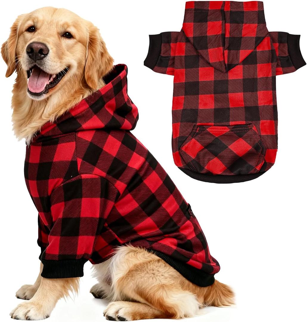 Red Plaid Dog Hoodie Soft Warm Fleece Lined Dog Sweater Hoodie with Leash Hole and Pocket Elastic Pet Coat Clothes Dogs Sweatshirt for Dogs(Red A,XX-Large)