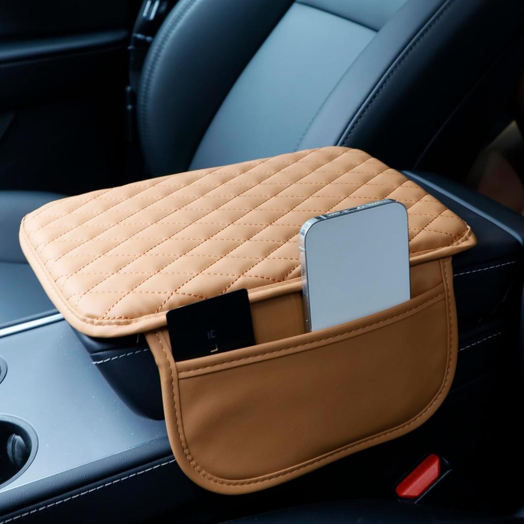 Car Center Console Cover,Microfiber Leather Car Armrest Cover Cushion with Storage Bags, Universal Car Armrest Storage Box Car Interior Accessories for Most Vehicles, Khaki