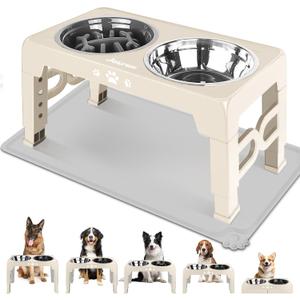 Elevated Dog Bowls for Medium Size Dogs with Mat, Non-Slip Dog Feeder with 1*Stainless Steel Dishes & 1*Slow Feeder Bowl, 5 Heights Adjustable Raised Bowls for 3.15-8.66-9.84-11.02-12.2 (Beige)