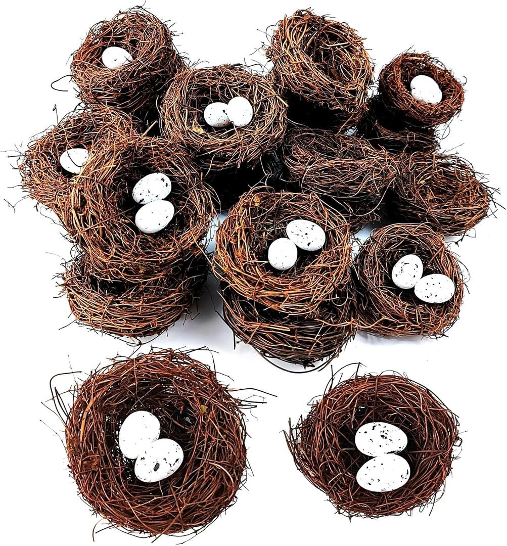 GXXMEI 24PCS/Set Small Faux Bird Nest with Eggs for Crafts, Artificial Rattan Birds Nest for Easter Wedding Home Party Christmas Tree Decoration (8pcs Small Size Nest, 16pcs Eggs)