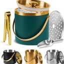 Ice Bucket, Ice Bucket with Silicone Sealing Ring Double-Wall Vacuum Insulation Champagne Buckets with Filter Layer Ice Tongs Ice Scoop (Green, 4 L)