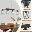 4-Light Dining Room Light Fixture/Chandelier Over Table, Island Lighting Hanging for Farmhouse Linear Chandeliers Matte Black Rustic Wood Ceiling Pendant Light Fixtures, with Clear Glass Shade