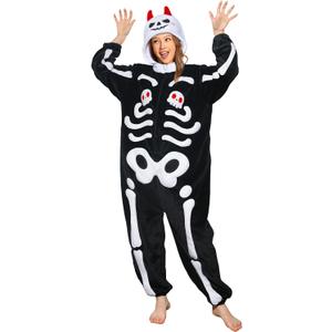 OLAOLA Adult Onesie, Animal Halloween Costume, Unisex Onesies Plush Cosplay Pajamas One-Piece Sleepwear (Small, Skeleton)