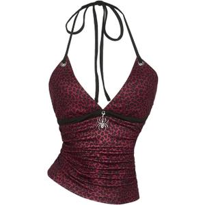 RoseSeek Women's Leopard Print Halter Tops Gothic Deep V Neck Sleeveless Music Festival Crop Top (Medium, Red)