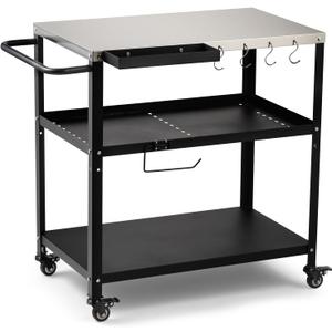 Outdoor Grill Cart Table, Pizza Oven Stand with Casters, Silver | Multifunctional Grill Table for Pizza Oven & Griddle, 4 Lockable Wheels, Side Handles & Hooks for Indoor/Outdoor Use