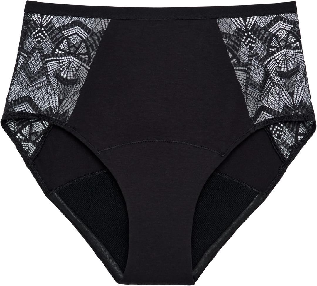 Thinx Ultra-Soft Hi-Waist Period Panties for Women, Leakproof, Reusable, Lace Trim, Holds Up to 12 Tampons (Black, M)