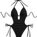 OYOANGLE Women's Textured Monokini Cheeky Bathing Suit Cutout Open Back One Piece Swimsuits, Medium