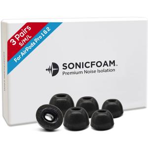 SONICFOAM (SFAir-1-2 Pro Small/Medium/Large Black) Memory Foam Earbud Tips - Compatible with AirPods Pro 1st & 2nd Gen - (6 Pack / 3 Pairs)