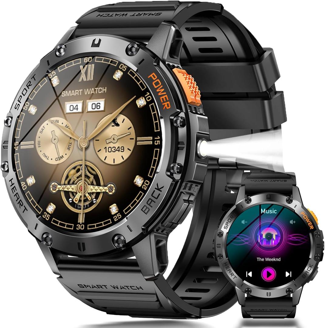 Military Smart Watches for Men with Flashlight, 170+ Sport Modes 1.43" AMOLED Screen, 530mAh Answer/Make Calls, Bluetooth for Android Phones and iPhone Compatible Heart Rate/SpO2/Sleep (Black)