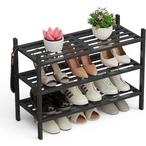 3 Tier Bamboo Shoe Rack Organizer with Free Shoe Horn - Stackable, Free Standing Shoe Shelf for Entryway and Closet, Small Spaces, Black (Upgraded Reinforced Frame) (27" x 11.1" x 19.5")