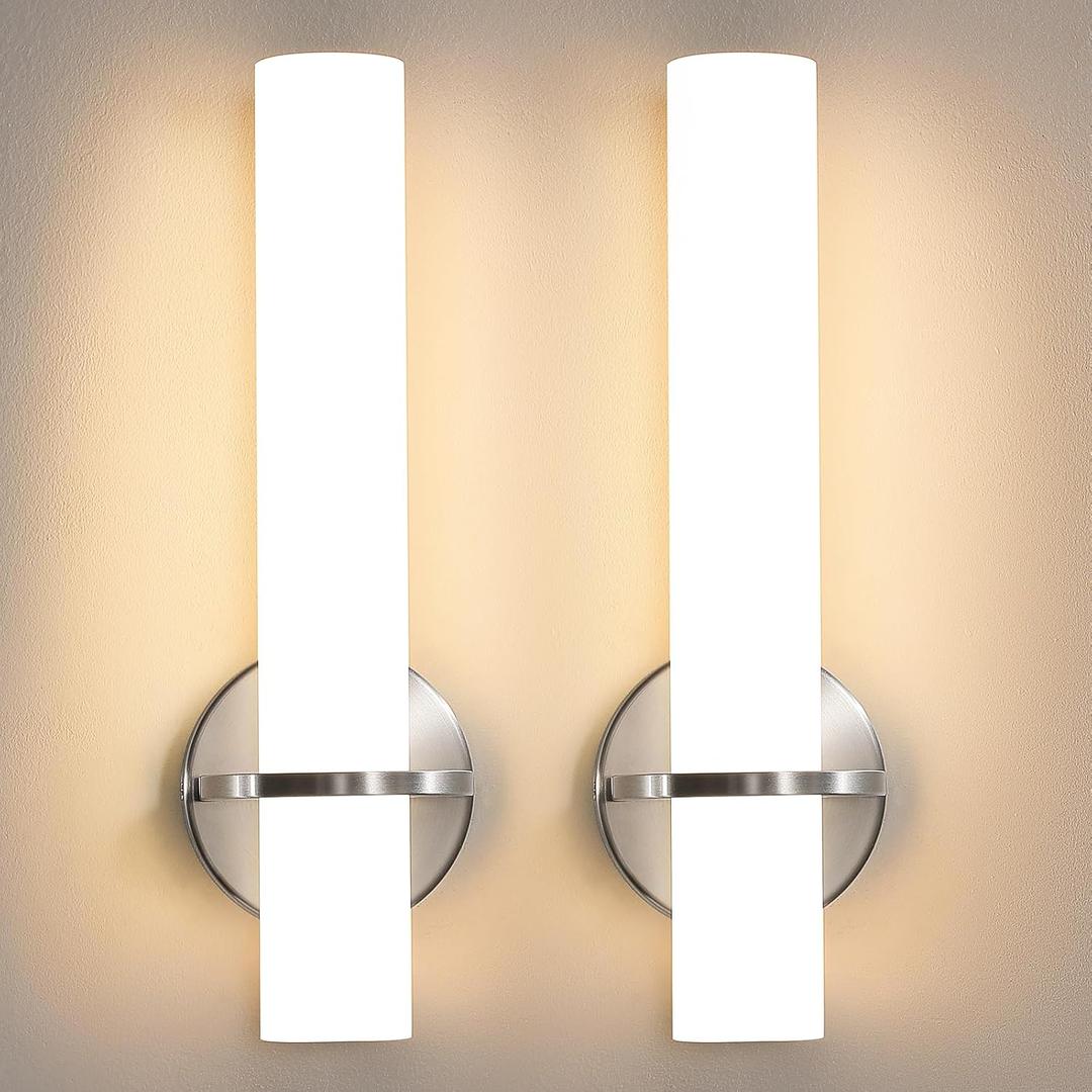 AIJIASI Brushed Nickel Wall Sconces Set of Two - 15 inch Modern Bathroom Sconce 15W 3000K Dimmable LED Sconces Wall Lighting, Indoor Wall Sconce Light for Living Room Corridor Mirror Bedroom Stairs