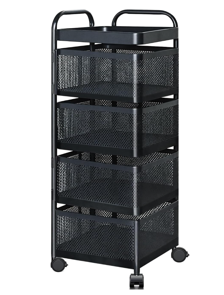 TAGEPOR Rotating Kitchen Storage Rack, 4 Tier Rolling Cart with Fruit and Vegetable Basket, Black Storage Organization Dolly Cart with Wheels for Bathroom, Kitchen and Bedroom