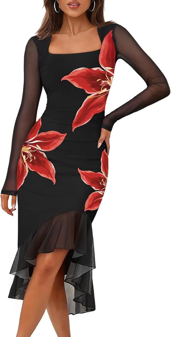 MEROKEETY Women's 2026 Wedding Guest Dress Bodycon Long Sleeve Square Neck Ruched Mesh Cocktail Party Holiday Midi Dresses (X-Large, Black Red)