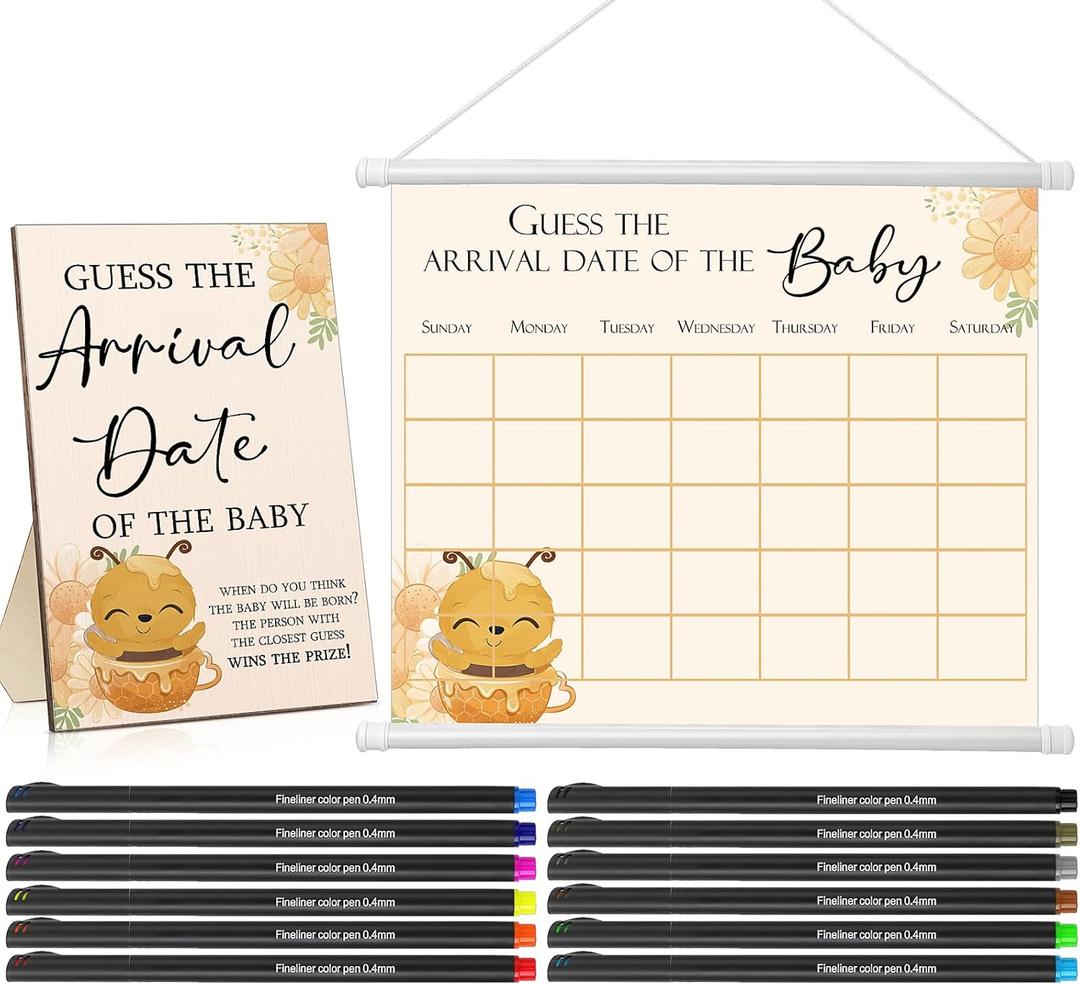 Sintuff Guess Baby Due Date Calendar Include 1 Pcs Guess The Arrival Date of The Baby Shower Wooden Sign 1 Prediction Calendar 12 Fineliner Colored Pens Game Party Favor(Bee)