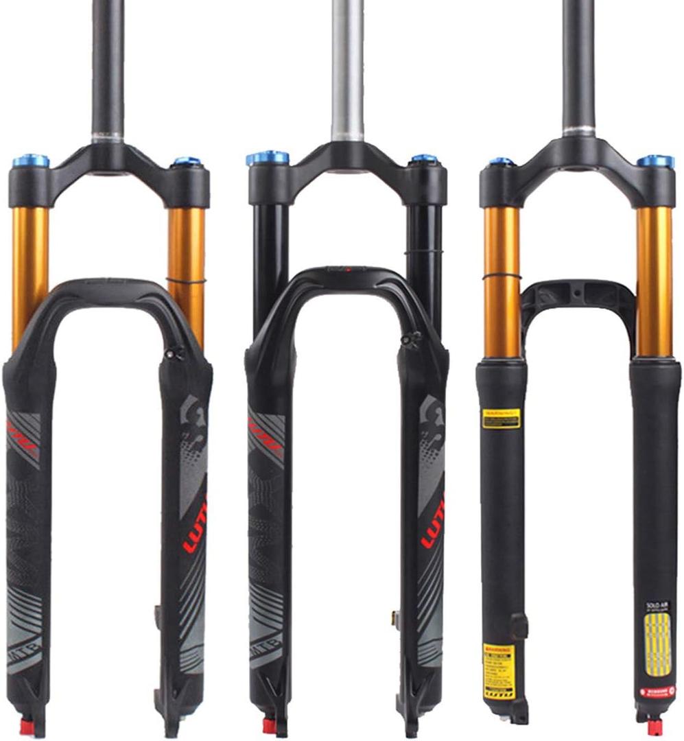 BUCKLOS LUTU 26/27.5/29 Air MTB Suspension Fork, Rebound Adjust Straight Tube 28.6mm QR 9mm Travel 120mm Manual/Crown Lockout Mountain Bike Forks, Ultralight Gas Shock XC Bicycle (Black Gold)