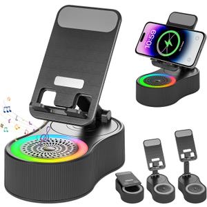 Cell Phone Stand with Bluetooth Speaker - Wireless Bluetooth Speaker with 360 Rotatable Phone Holder, Multifunctional Adjustable Stand with Charging Compatible with Tablet for Home Desk (Black)