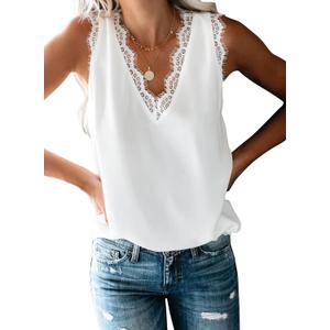 BLENCOT Women Tank Tops V Neck Sleeveless Lace Blouse Casual Vest Summer Camisole Shirts (Medium, White)