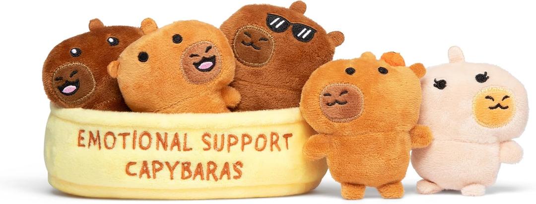 Emotional Support Capybaras by Relatable, Cuddly Stuffed Animals and Plushies Set, Includes 5 Capybara Plush Toys with Carrying Basket, Cute Stuff and Great Gift for Loved Ones of All Ages