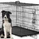 FDW Dog Crate for Large Dogs 48 Inch Folding Metal WirePet Cage Double Door W/Divider Panel Indoor Outdoor Kennel Leak-Proof Plastic Tray,Black