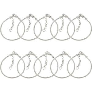 10 Pack Silver Snake Chain Charm Bracelets with Heart Lobster Clasp Extender Chain Charm Bracelet for Jewelry Making