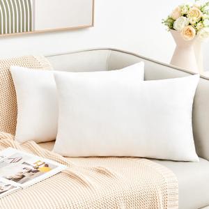 Throw Pillow Covers White Decorative Velvet Set of 2 12x20 Inch Pillow Covers, Soft Lumbar Pillow Covers for Couch Sofa Bed Living Room, Farmhouse Neutral Home Boho Decor, Accent Cushion Cases