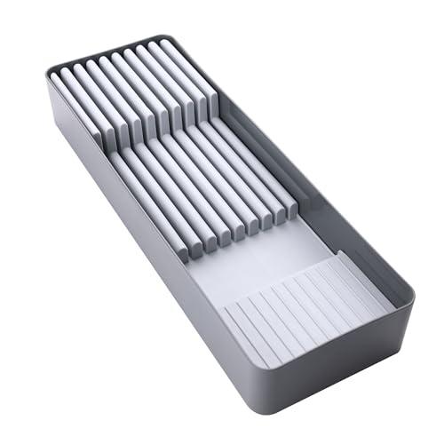Linoroso Knife Drawer Organizer With In-Drawer Knife Block for 9 Knives, Kitchen Utensil Organizer, BPA Free Secure Storage Tray for Countertop Organization