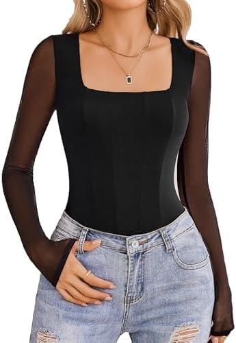 Avidlove Women's Long Sleeve Bodysuits Square Neck One Piece Body Suit Mesh Leotard Tops Double Lined Soft L